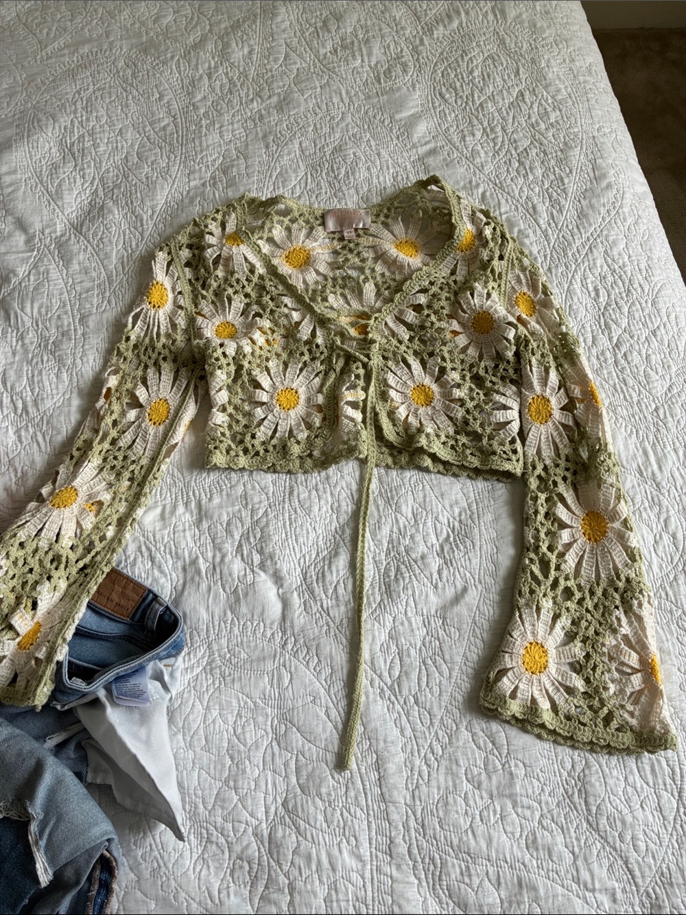 Crochet Daisy Tie-Front Crop Cardigan, Green/White/Yellow